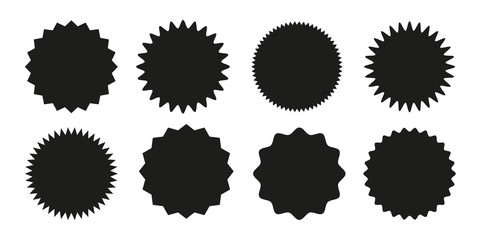Set of vector starburst, sunburst badges. Black icons on white background. Simple flat style vintage labels, stickers.