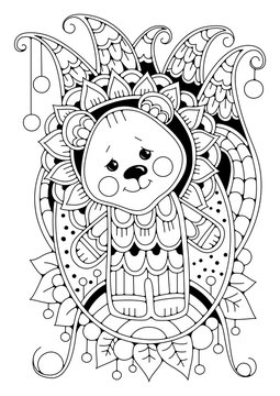 Coloring page with the image of a cute teddy bear on the background of a floral ornament. The illustration for your hobby - coloring pictures. It can be used as a tattoo or as a print on textiles.