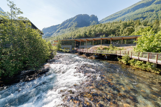 GEIRANGER, NORWAY - 2016 JUNE 14. Walking on the platform by the Storfossen waterfall at Geiranger heading to the Norwegian Fjord Centre Museum