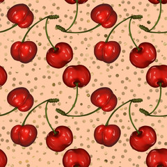 realistic cherries. seamless pattern hand-drawn with golden dots