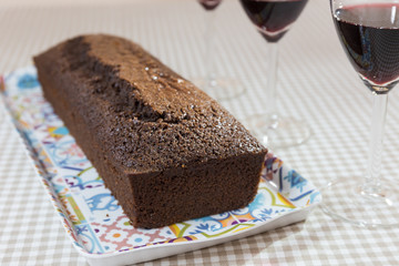 Red wine chocolate cake, glasses of red wine