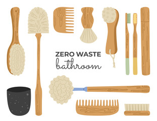 Set of bathroom cleaning brushes, comb, toothbrush zero waste. Natural, wooden, organic, ecology objects. Vector isolated illustration.