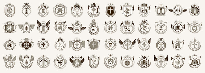 Fototapeta na wymiar Classic style emblems big set, ancient heraldic symbols awards and labels collection, classical heraldry design elements, family or business emblems.