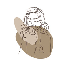 Silhouette of a girl with a cup of coffee. Line art modern illustration