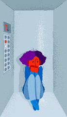 Claustrophobia fear of closed space and no escape vector illustration, girl is closed in elevator and scared in panic attack.