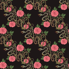seamless pattern with snakes and roses, vector, victorian style
