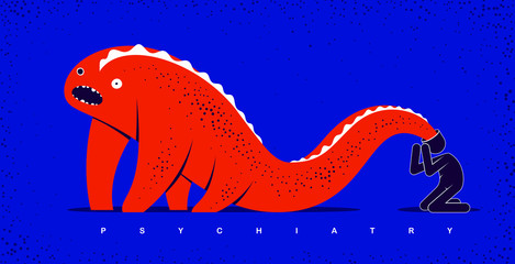 Psychical problems such as phobia psychosis schizophrenia hallucinations vector concept illustration in flat trendy style, psychiatry and psychology allegory, man with monster from his head.