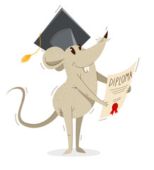 Funny cartoon mouse in a student hat with diploma graduation from university vector illustration, education concept, humorous rat drawing.