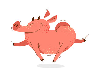 Funny cartoon pig runs happy and hilarious vector illustration, activity happy enjoying animal swine character drawing.
