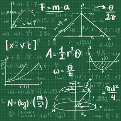 Editable vector drawing. Scientifical formulas on the green blackboard. Homework of a technical univercity student. Background with equations and problems. Mechanics graphs.