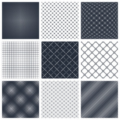 Minimal simple geometric seamless patterns set, vector abstract backgrounds with lines and dots, wallpapers for web design and print. Black and white swatches.