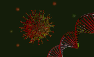 Flu or HIV coronavirus floating in fluid microscopic view, pandemic or virus infection concept, DNA - 3D illustration