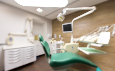 Fototapeta na wymiar Blurred photo of modern dental office with chair and monitor