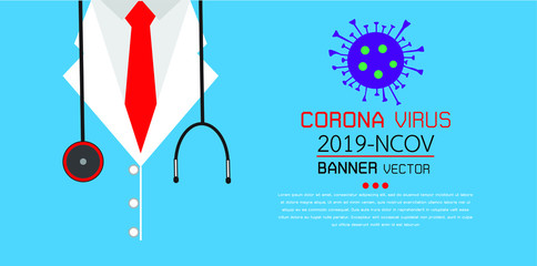 Medical background with close up of doctor with stethoscope.Covid-19 Coronavirus concept inscription typography design logo.Vector Illustration EPS 10.