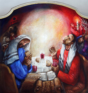 Supper at Emmaus, detail of high altar by Sieger Koder in Church of Our Lady of Sorrows in Rosenberg, Germany