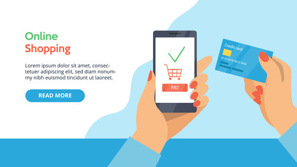 Concept Of Online Payment. Website Landing Page. Woman s Hand Is Holding Credit Card. Customer Is Paying For Purchases Online By Credit Card And Smartphone. Web Page Cartoon Flat Vector Illustration