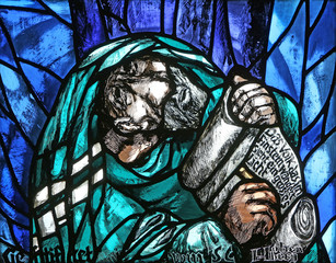 The prophet Isaiah, detail of stained glass window by Sieger Koder in St. James church in Hohenberg, Germany