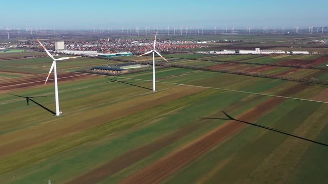 aerial footage of wind turbines on austria hungarian border on A4 autobahn a part of E60 road