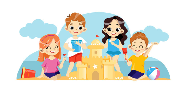 Concept Of Children Vacations. Happy Cheerful Children Are Playing Together On The Coast. Kids Are Playing And Building Big Sand Castle During Summer Vacations. Cartoon Flat Style Vector Illustration
