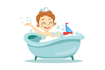 Concept Of Personal Hygiene Procedures. Happy Cheerful Boy Is Taking A Bath. Kid Is Relaxing And Playing With Toy Boat In Bathtub With Lots Of Foam And Soap Bubbles. Cartoon Flat Vector Illustration