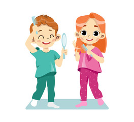 Concept Of Personal Hygiene Procedures. Happy Cheerful Children Combing Their Hair Looking At The Mirror. Portrait of Beautiful Kids Combing Hair In The Bathroom. Cartoon Flat Vector Illustration