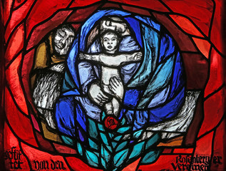 Naklejka na ściany i meble Birth of Jesus, Christmas, detail of stained glass window by Sieger Koder in St. James church in Hohenberg, Germany
