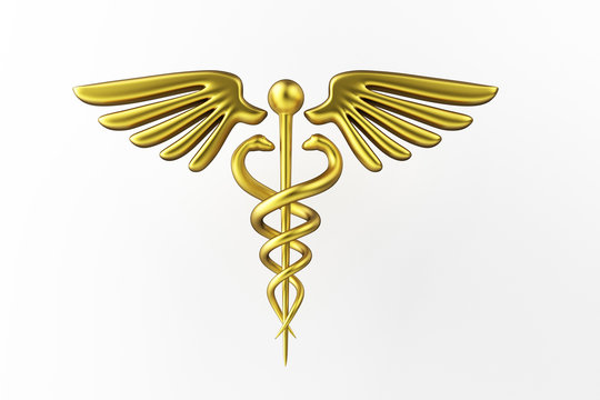 Caduceus medical symbol isolated on a white background. Caduceus Icon. Concept for Healthcare Medicine and Lifestyle. Caduceus sign with snakes. 3d render