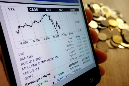 KONSKIE, POLAND - MAY 14, 2018: CBOE Global Markets website showing chart displayed on smartphone and stack of coins