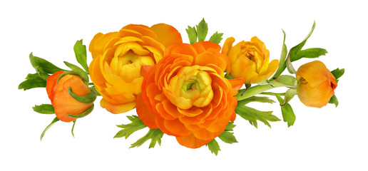 Orange ranunculus flowers and buds in a floral arrangement