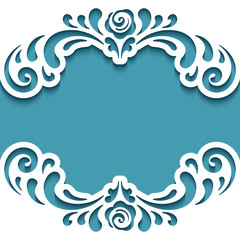 Cutout paper frame with lace border pattern. Swirly template for laser cutting. Elegant wedding invitation card design with curly floral decoration. 