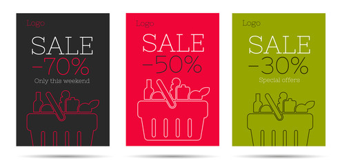 Naklejka premium Set of flyers or posters for grocery store with market shopping basket full of food, simple mordern line graphic with percentage discount sale