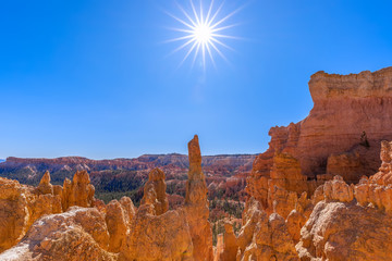 View of amazing hoodoos sandstone formations in scenic Bryce Canyon National Parkon on a sunny day. Utah, USA