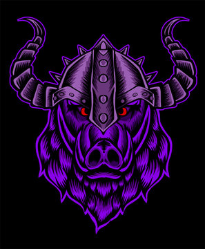 Illustration vector wild boar's head with viking helmet on black background.