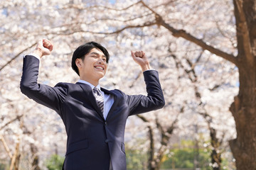 桜を背景にガッツポーズをする日本人男性ビジネスマン