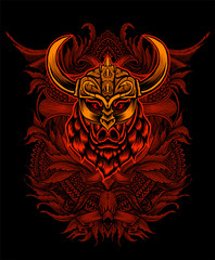 Illustration vector wild boar's head with viking helmet on black background.