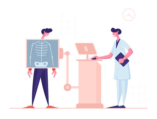 X-ray Medical Diagnostics Bones Skeleton Checkup. Radiology Body Scanner Equipment for Patient Disease. Doctor Character Research Chest Scan Image for Diagnosis. Cartoon People Vector Illustration