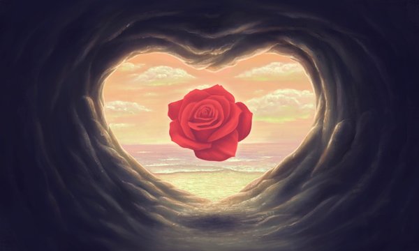 Surreal red rose in heart cave with the sea  