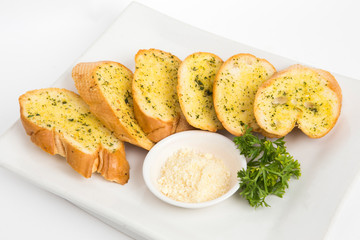french garlic bread eat with cheese decorate by parsley