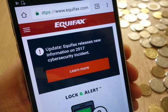 KONSKIE, POLAND - MAY 08, 2018: Equifax Canada website displayed on smartphone