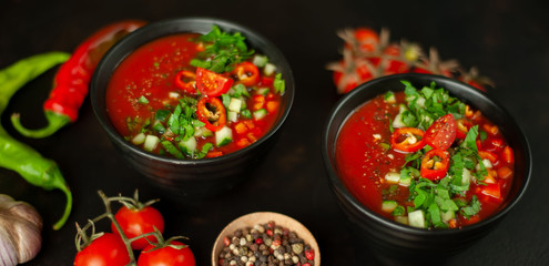  Traditional spanish cold gazpacho tomato soup on stone background