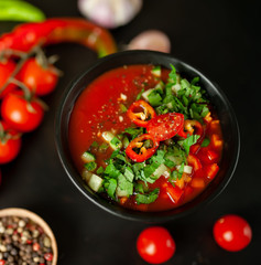  Traditional spanish cold gazpacho tomato soup on stone background
