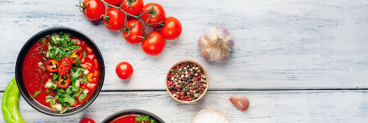  Traditional spanish cold gazpacho tomato soup on wood background