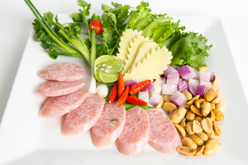 fermented pork eat with vegetable chili onion and peanuts