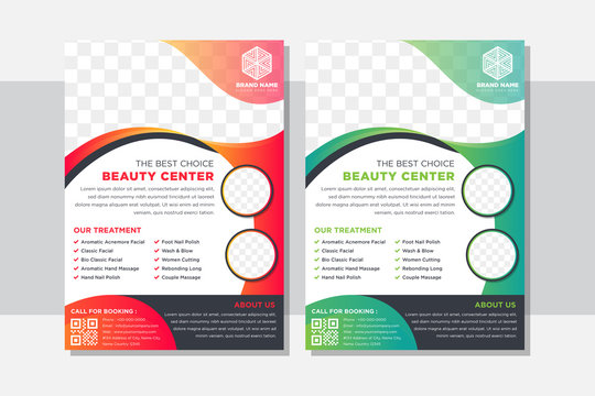 set of white background for flyer for Saloon or beauty center industry. Vertical layout with space for photo on top and circle shape. combination red, black and green gradient colors.