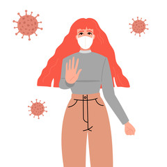 Coronavirus, covid-19. Young girl in white face mask. Virus on background. Vector illustration. 