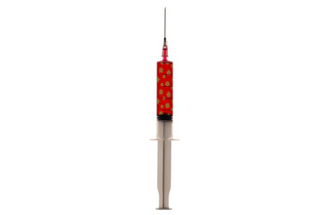 Syringe with a blood sample isolated on white background. Coronavirus, covid-19. Closeup.
