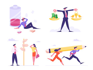 Set Business People Characters Race with Huge Pencil, Stand on Crossroad with Pointers. Man with Scales Weigh Money and Idea, Exhausted Businessman with Low Battery Level. Cartoon Vector Illustration