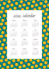 Wall calendar 2021. Monthly calendar on background of bright apricot pattern. Vector illustration 8 EPS.