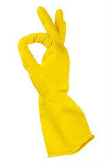 Yellow rubber gloves for cleaning, workhouse concept. Ok symbol.