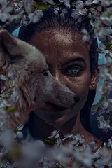 Fotobehang Vrouwen Mooie vrouw met wolvenportret